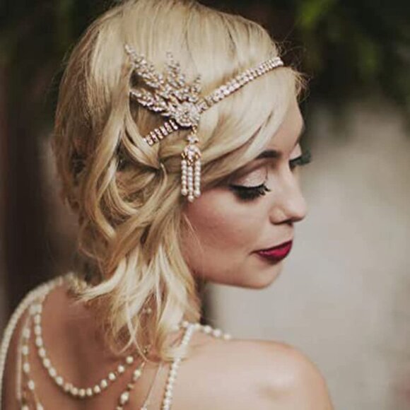 Accessories - 1920's Flapper Headband Leaf Rhiestones Headpiece Pearl Tassel Headdress Bride W
